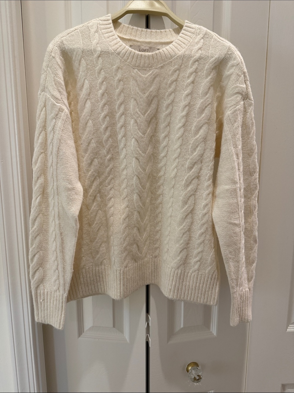 LOFT Ivory Cable Knit Crewneck Sweater